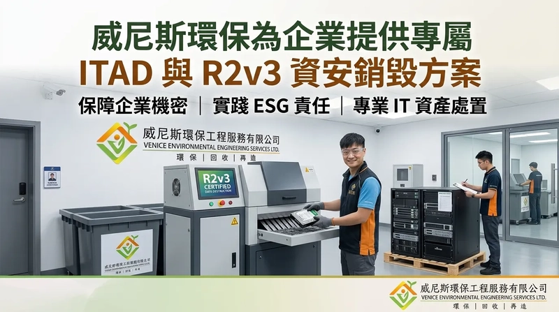威尼斯環保榮獲 R2v3 國際認證，是國際電子廢棄物回收標準的第三版，強調合法、責任、安全與環保的電子產品回收與再利用流程。