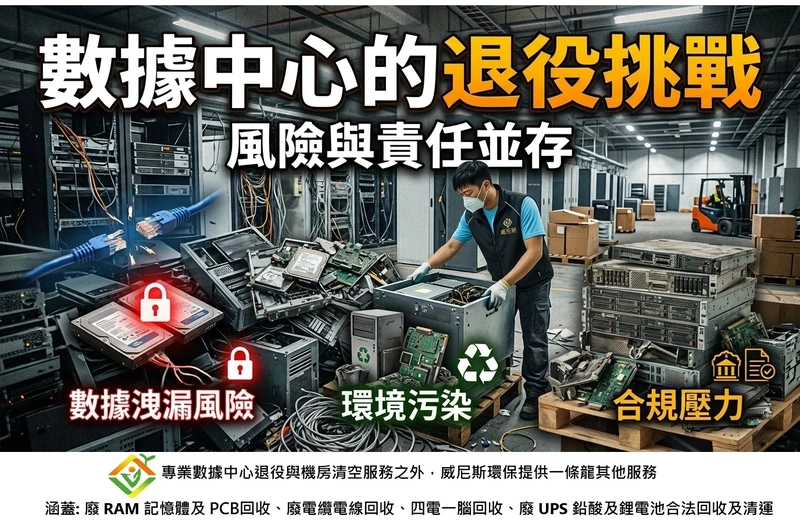 數據中心機房清空服務之外，威尼斯環保提供一條龍回收服務，涵蓋: 廢 RAM 及 PCB、廢電纜電線、四電一腦、廢 UPS 鉛酸及鋰電池