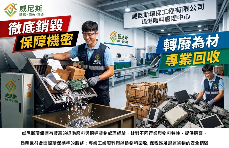 海關退運與保稅區過期貨處置：威尼斯環保擁有豐富的退港廢料處理經驗，針對不同行業與物料特性，提供嚴謹、透明且符合國際環保標準的服務